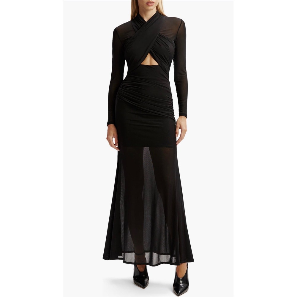 New Bardot Veria Front Wrap Long Sleeve Mesh Gown Black Ruched Cutout Dress Sz 6